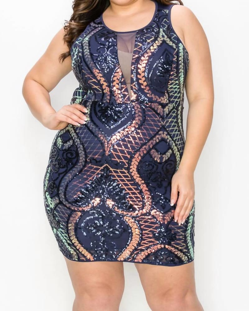 Front of a model wearing a size 2XL Geometric Back Zip Spangle Dress in Dark Sapphire/Sapphi in Dark Sapphire/Sapphi by Haute Monde. | dia_product_style_image_id:335364